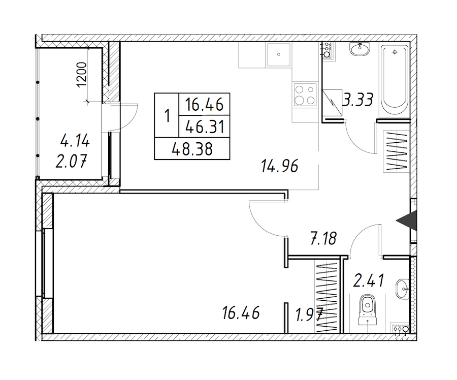 1-комнатная квартира 48.38 м², 12/12 эт., ЖК «Энфилд»