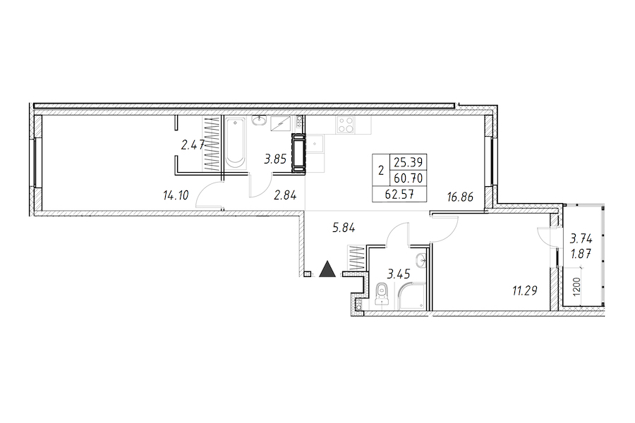 2-комнатная квартира 62.57 м², 6/12 эт., ЖК «Энфилд»