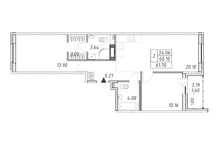 2-комнатная квартира 61.7 м², 11/12 эт., ЖК «Энфилд»