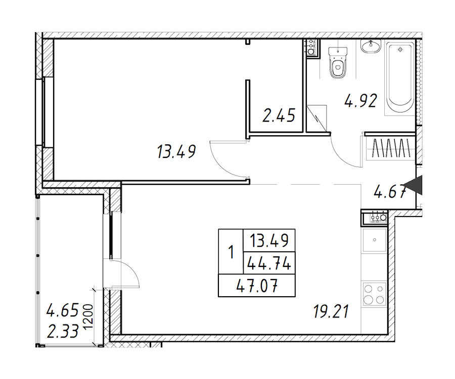 1-комнатная квартира 47.07 м², 7/12 эт., ЖК «Энфилд»