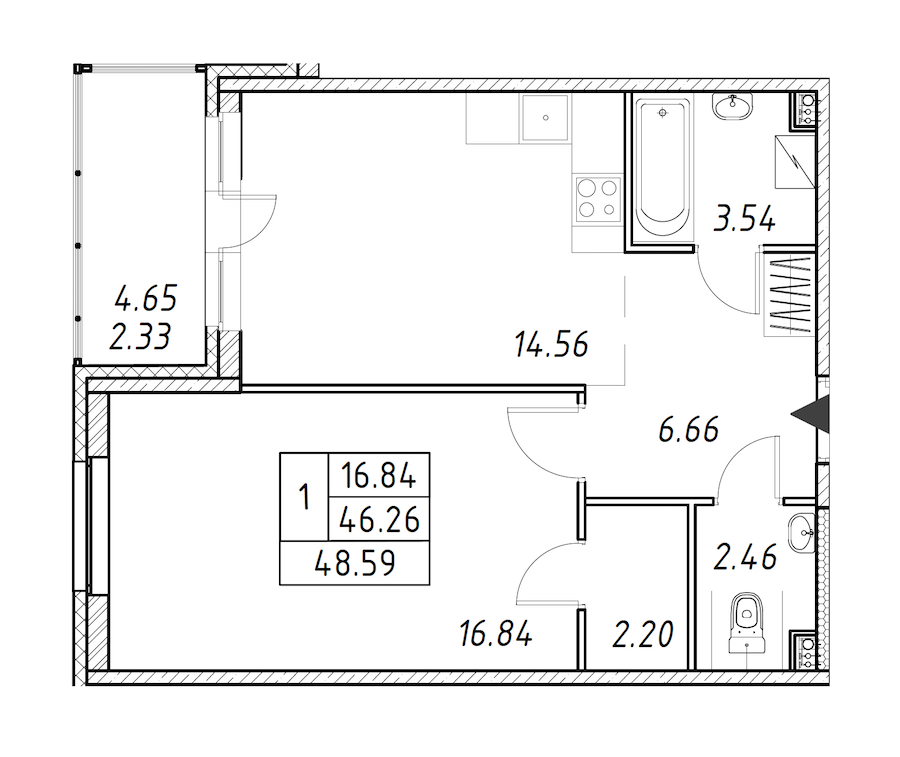 1-комнатная квартира 48.59 м², 4/12 эт., ЖК «Энфилд»