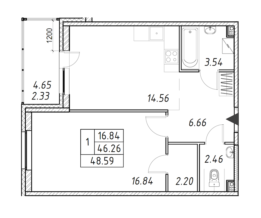 1-комнатная квартира 48.59 м², 5/12 эт., ЖК «Энфилд»