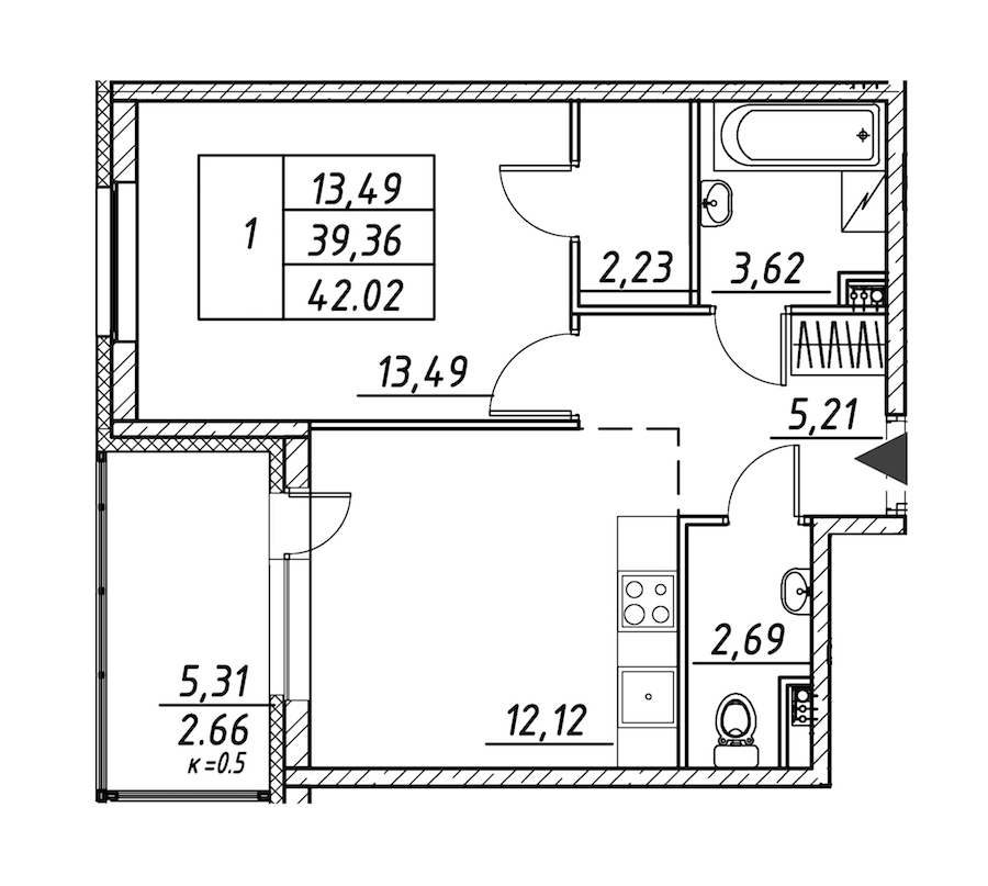 1-комнатная квартира 42.02 м², 2/12 эт., ЖК «Энфилд»
