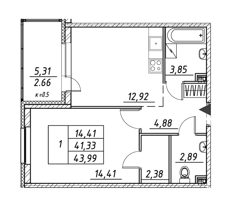 1-комнатная квартира 43.99 м², 2/12 эт., ЖК «Энфилд»