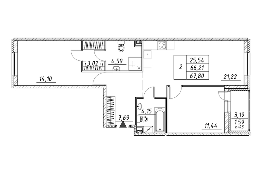 2-комнатная квартира 67.8 м², 2/12 эт., ЖК «Энфилд»