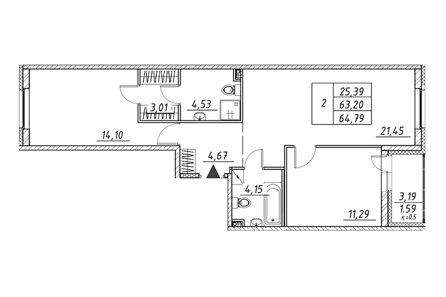 2-комнатная квартира 64.79 м², 2/12 эт., ЖК «Энфилд»