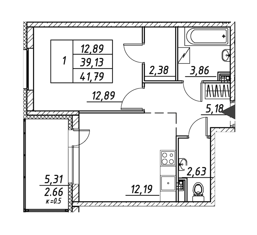 1-комнатная квартира 41.79 м², 2/12 эт., ЖК «Энфилд»