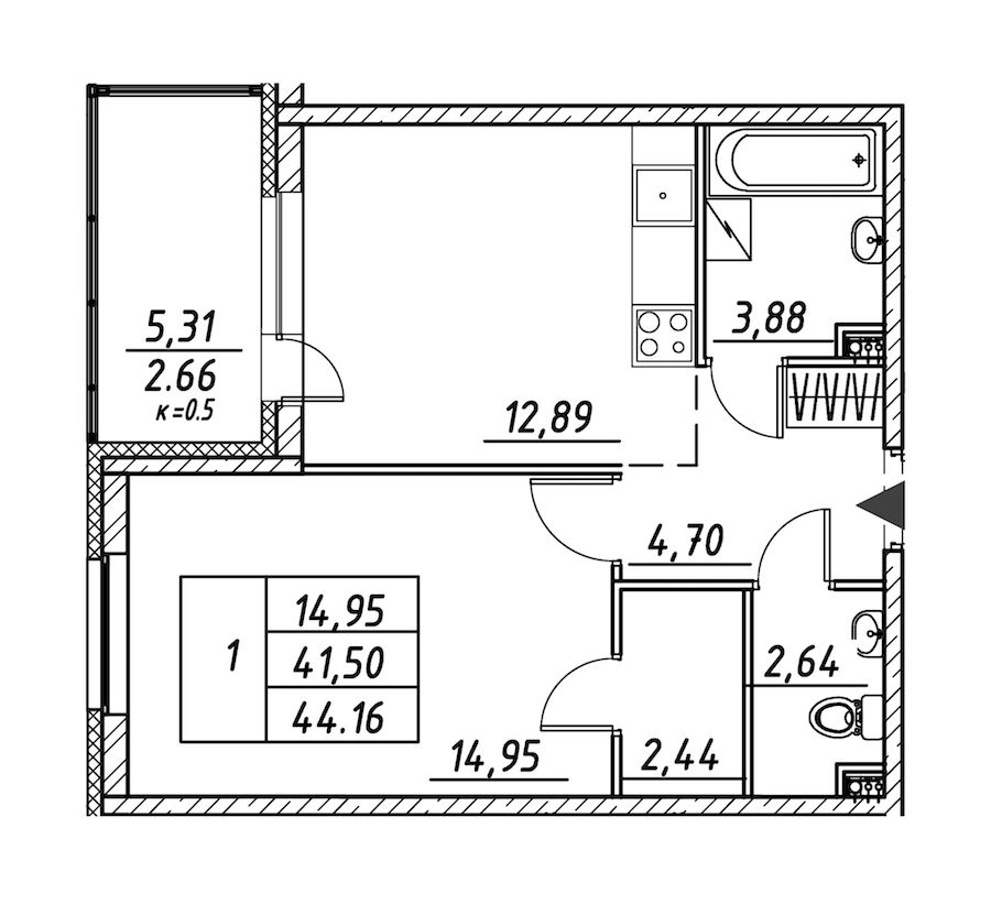 1-комнатная квартира 44.16 м², 2/12 эт., ЖК «Энфилд»
