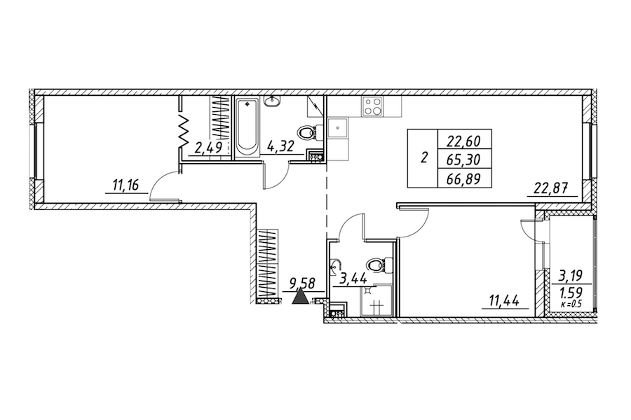 2-комнатная квартира 66.89 м², 2/12 эт., ЖК «Энфилд»