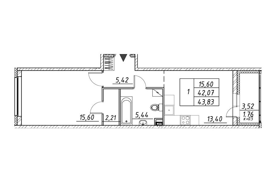 1-комнатная квартира 43.83 м², 2/12 эт., ЖК «Энфилд»