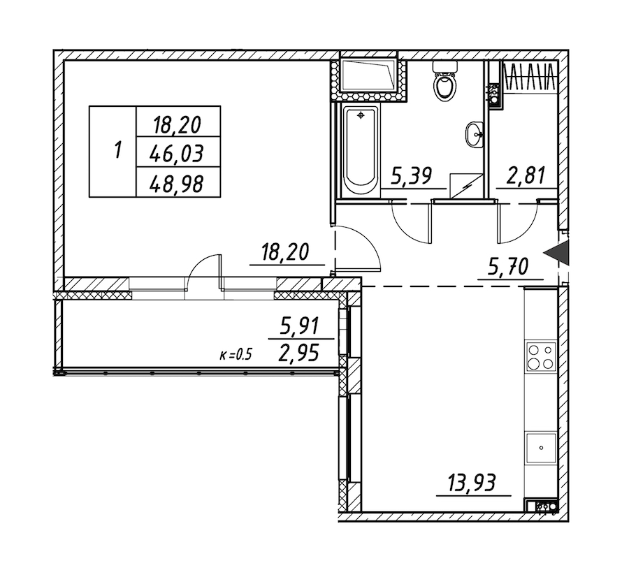 1-комнатная квартира 48.98 м², 2/12 эт., ЖК «Энфилд»