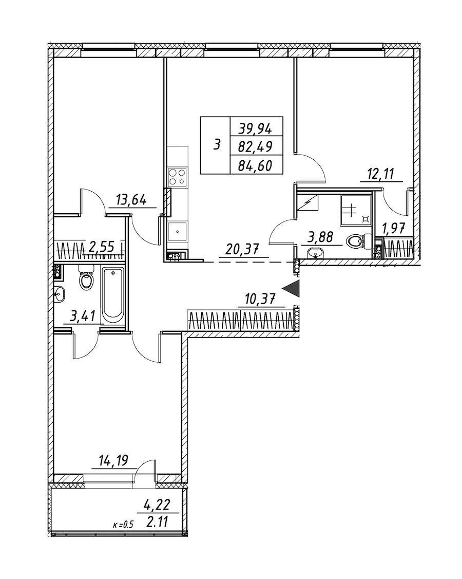 3-комнатная квартира 84.6 м², 2/12 эт., ЖК «Энфилд»