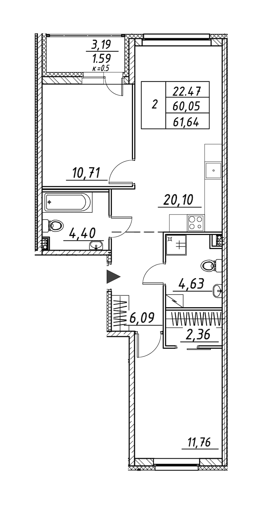 2-комнатная квартира 61.64 м², 2/12 эт., ЖК «Энфилд»