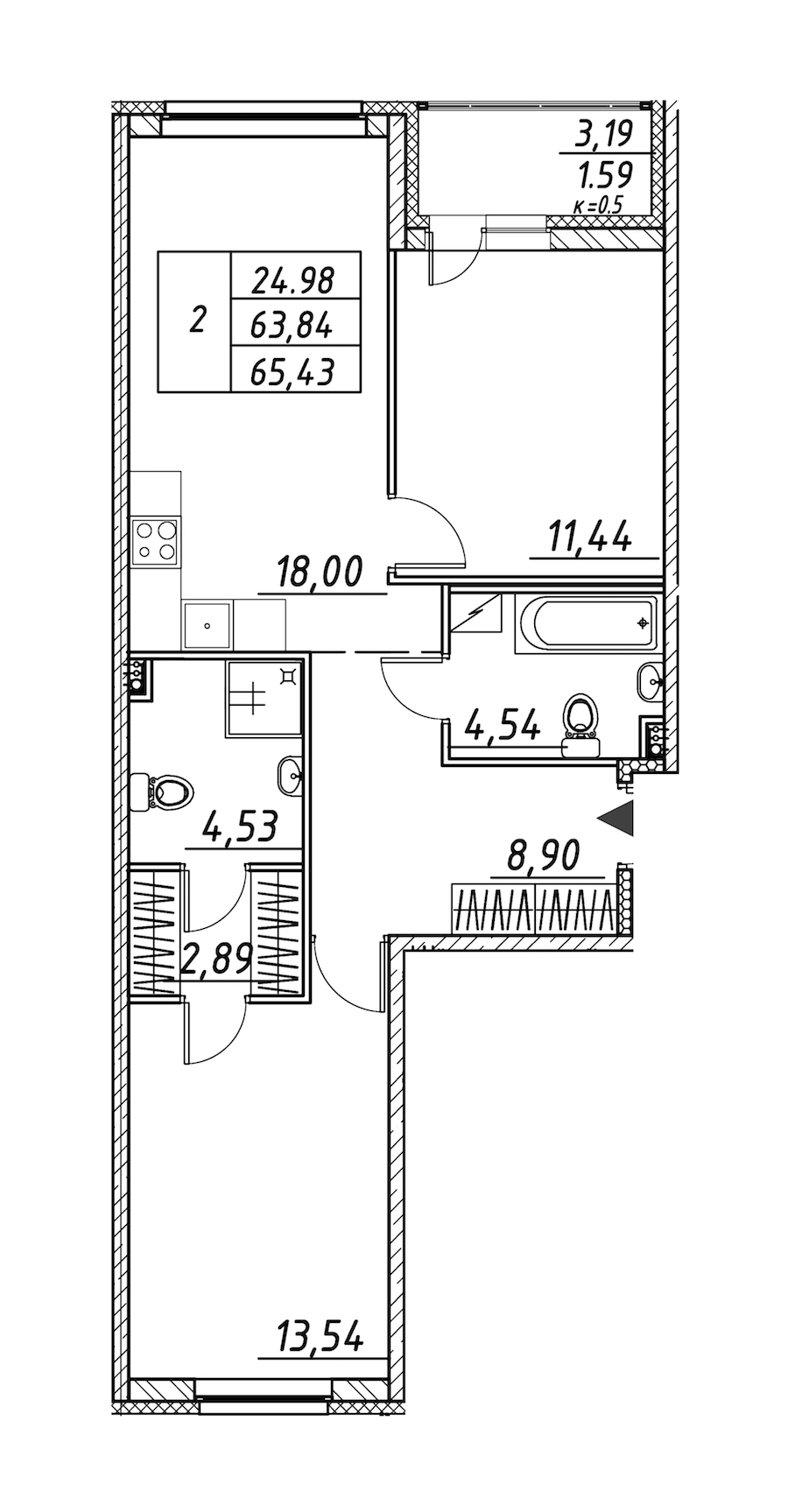 2-комнатная квартира 65.43 м², 2/12 эт., ЖК «Энфилд»