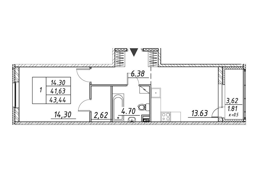 1-комнатная квартира 43.44 м², 2/12 эт., ЖК «Энфилд»