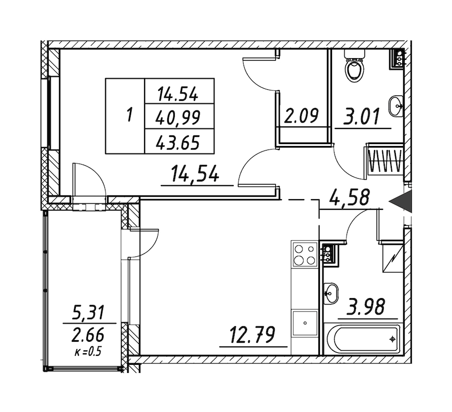 1-комнатная квартира 43.65 м², 2/12 эт., ЖК «Энфилд»