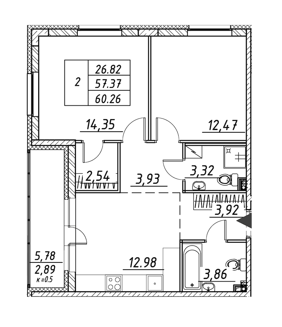 2-комнатная квартира 60.26 м², 2/12 эт., ЖК «Энфилд»