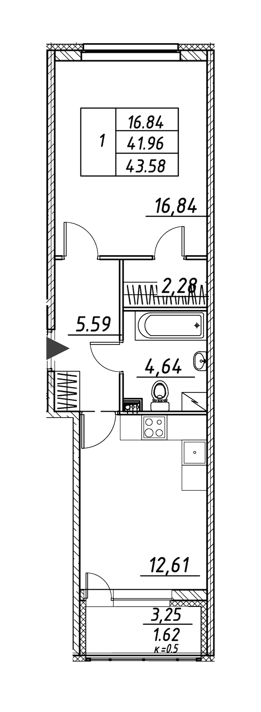 1-комнатная квартира 43.58 м², 2/12 эт., ЖК «Энфилд»