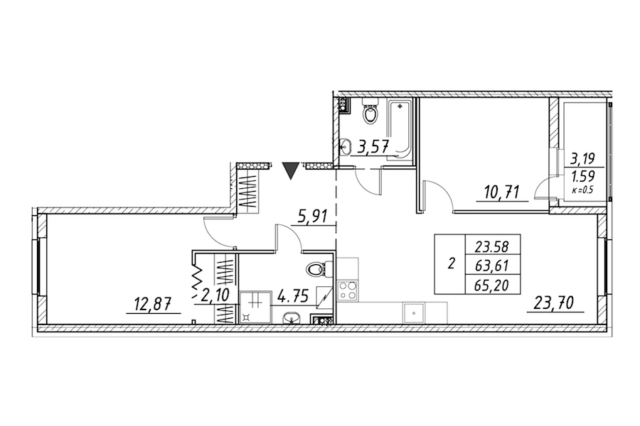 2-комнатная квартира 65.2 м², 2/12 эт., ЖК «Энфилд»