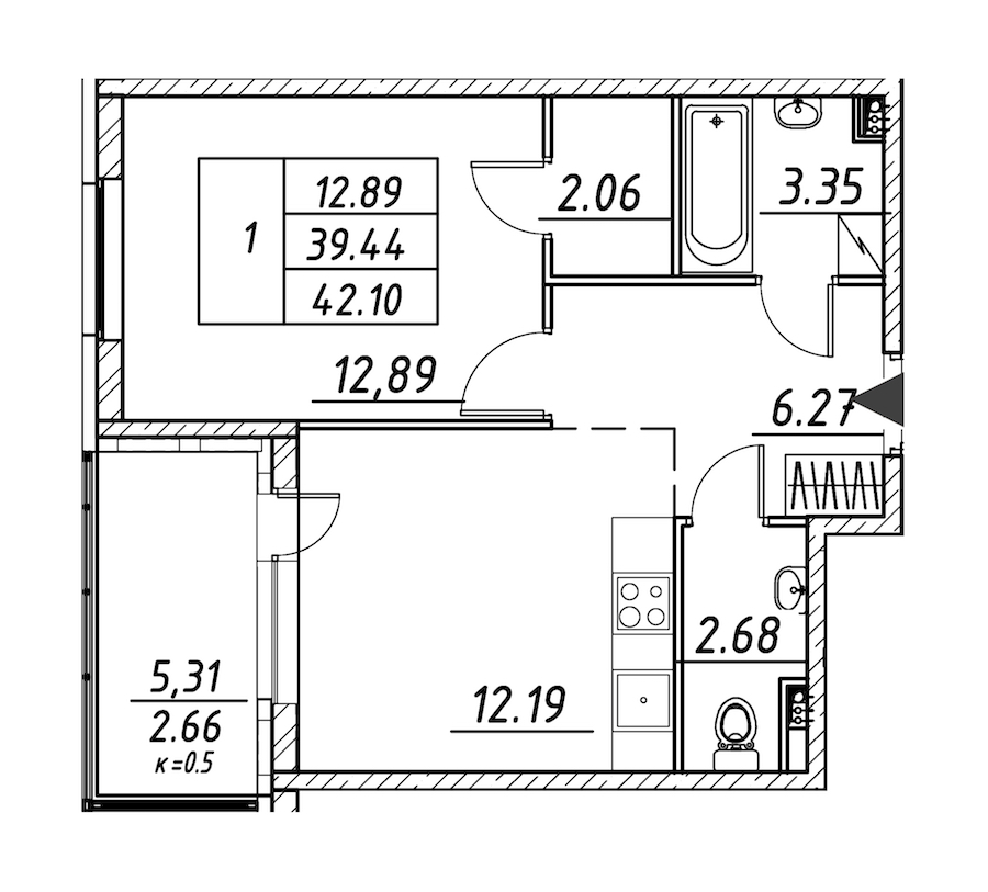 1-комнатная квартира 42.1 м², 2/12 эт., ЖК «Энфилд»