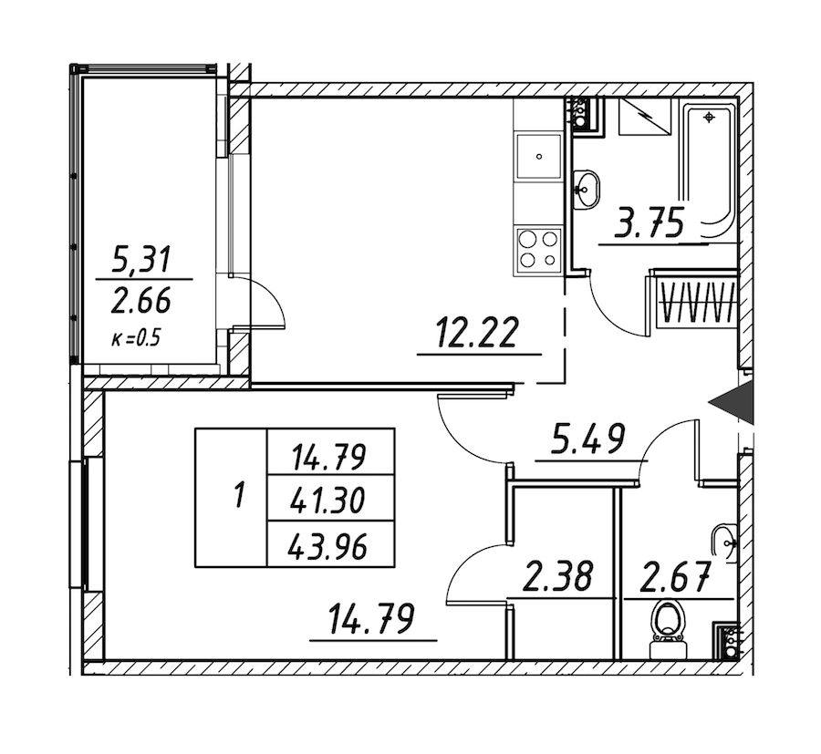 1-комнатная квартира 43.96 м², 2/12 эт., ЖК «Энфилд»