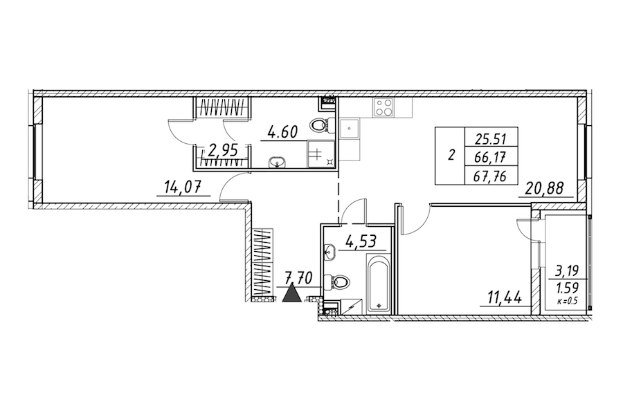 2-комнатная квартира 67.76 м², 2/12 эт., ЖК «Энфилд»