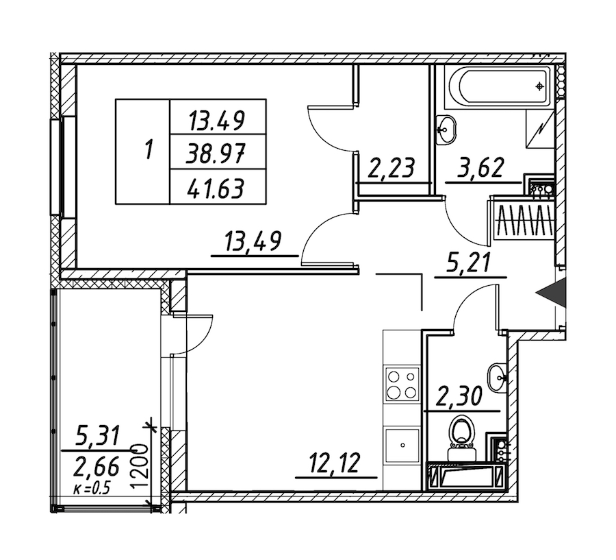 1-комнатная квартира 41.63 м², 8/12 эт., ЖК «Энфилд»