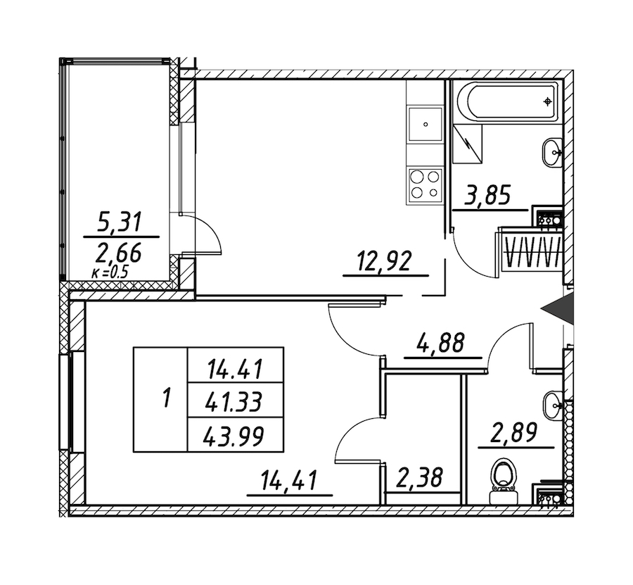 1-комнатная квартира 43.99 м², 3/12 эт., ЖК «Энфилд»