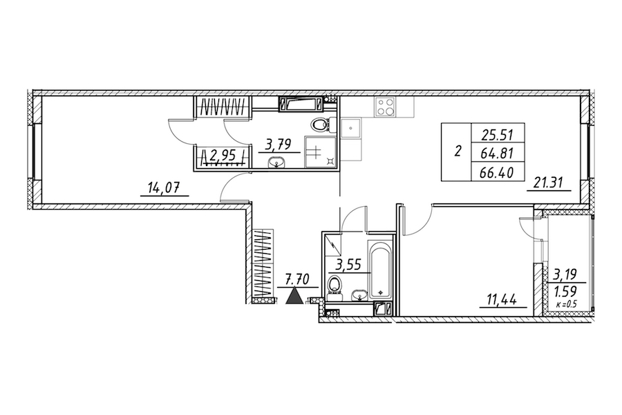 2-комнатная квартира 66.4 м², 9/12 эт., ЖК «Энфилд»