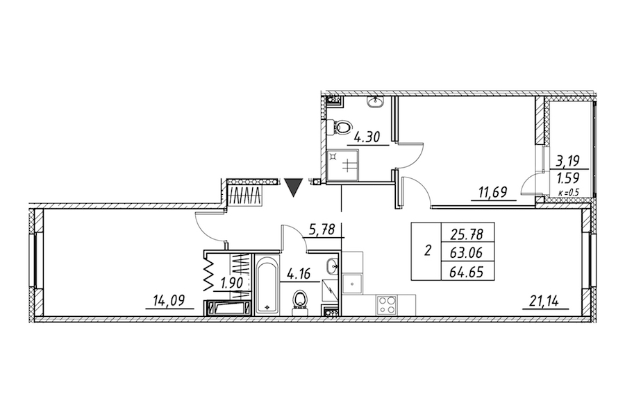 2-комнатная квартира 64.65 м², 6/12 эт., ЖК «Энфилд»