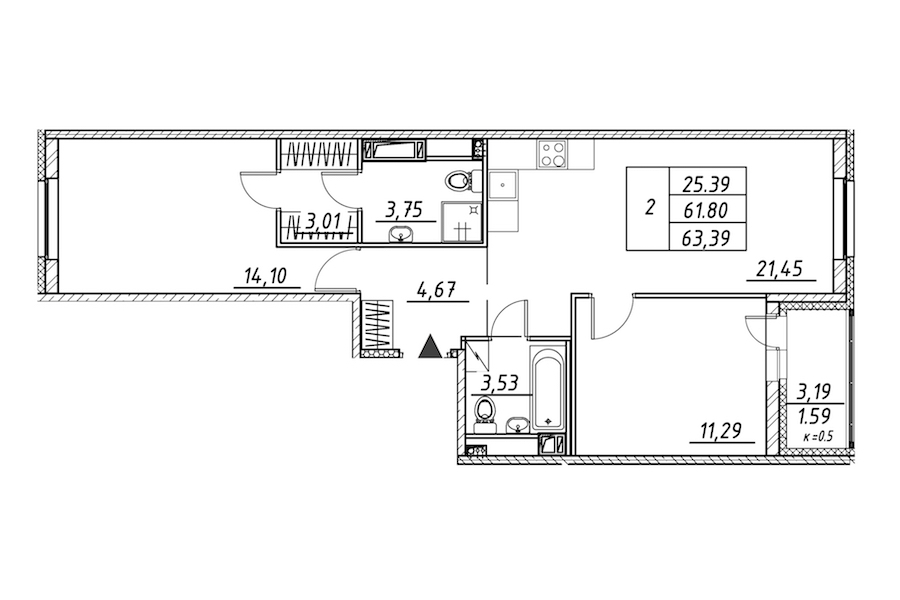2-комнатная квартира 63.39 м², 4/12 эт., ЖК «Энфилд»