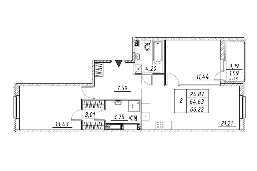 2-комнатная квартира 66.22 м², 3/12 эт., ЖК «Энфилд»