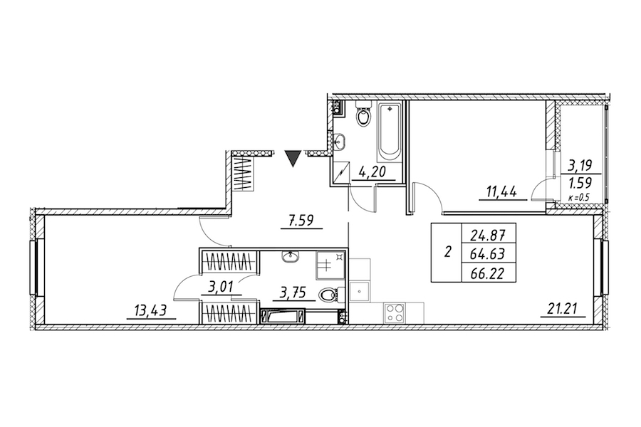 2-комнатная квартира 66.22 м², 7/12 эт., ЖК «Энфилд»