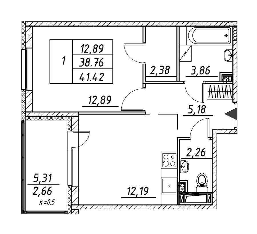 1-комнатная квартира 41.42 м², 4/12 эт., ЖК «Энфилд»