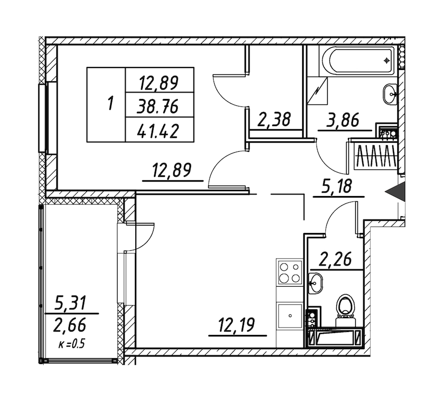 1-комнатная квартира 41.42 м², 10/12 эт., ЖК «Энфилд»
