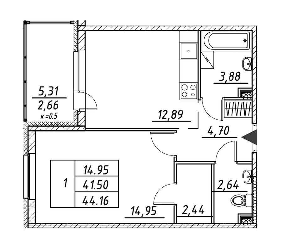 1-комнатная квартира 44.16 м², 4/12 эт., ЖК «Энфилд»