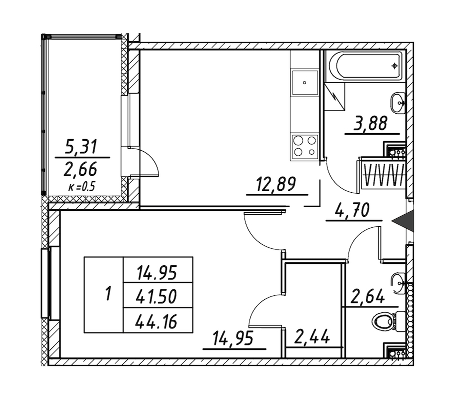 1-комнатная квартира 44.16 м², 5/12 эт., ЖК «Энфилд»