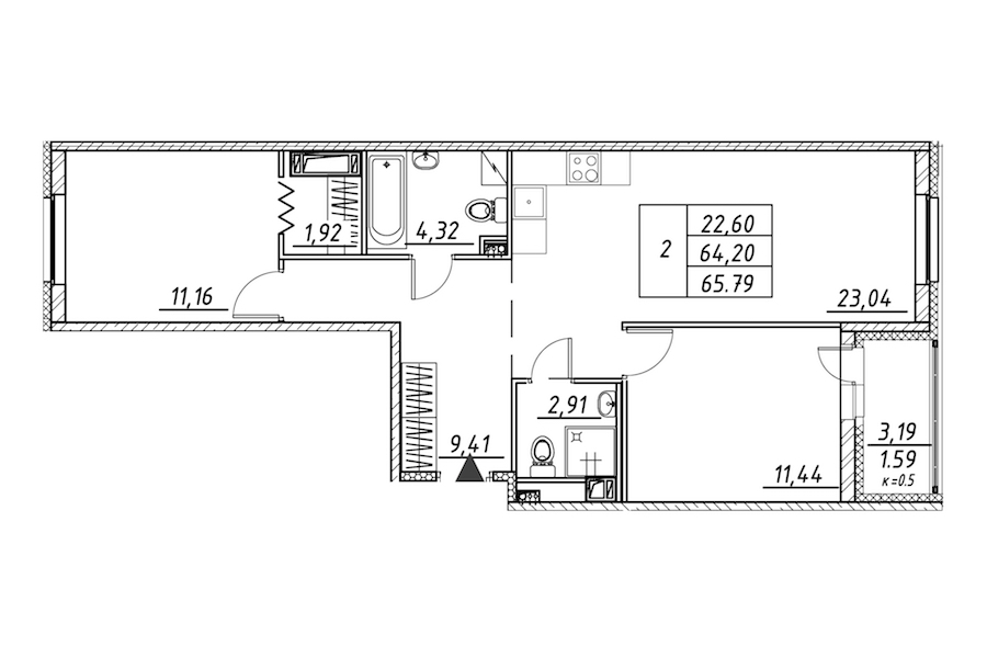 2-комнатная квартира 65.79 м², 4/12 эт., ЖК «Энфилд»