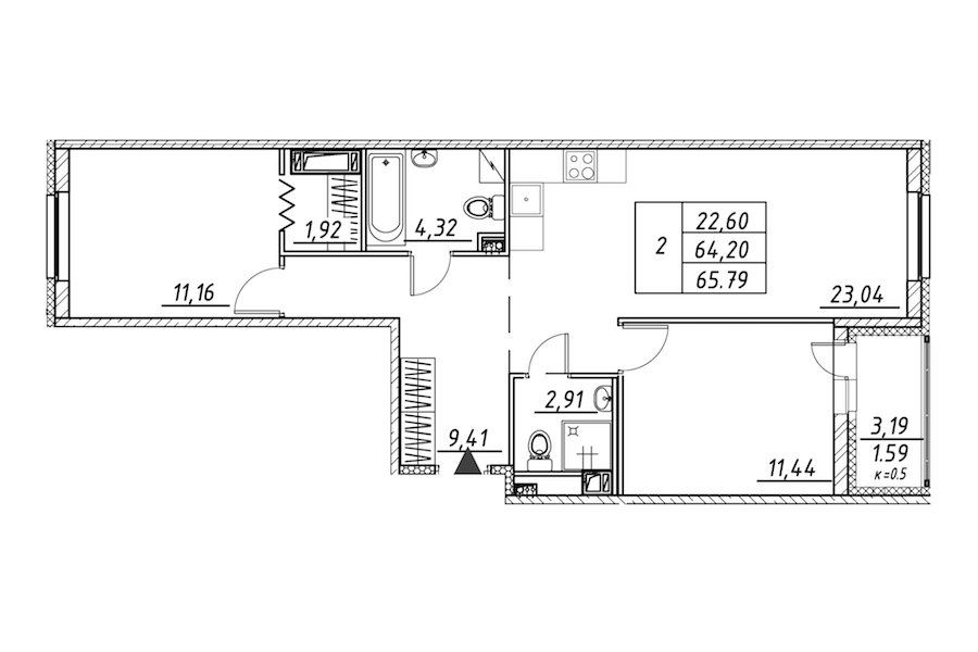 2-комнатная квартира 65.79 м², 11/12 эт., ЖК «Энфилд»