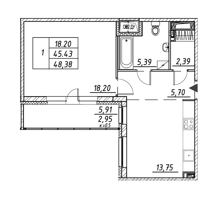 1-комнатная квартира 48.38 м², 3/12 эт., ЖК «Энфилд»