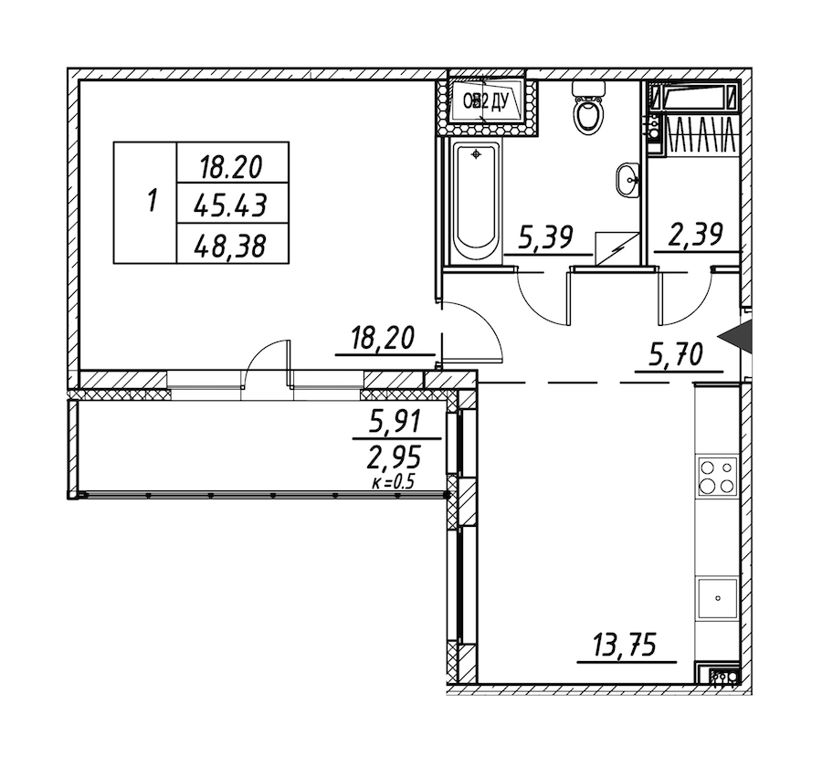 1-комнатная квартира 48.38 м², 6/12 эт., ЖК «Энфилд»