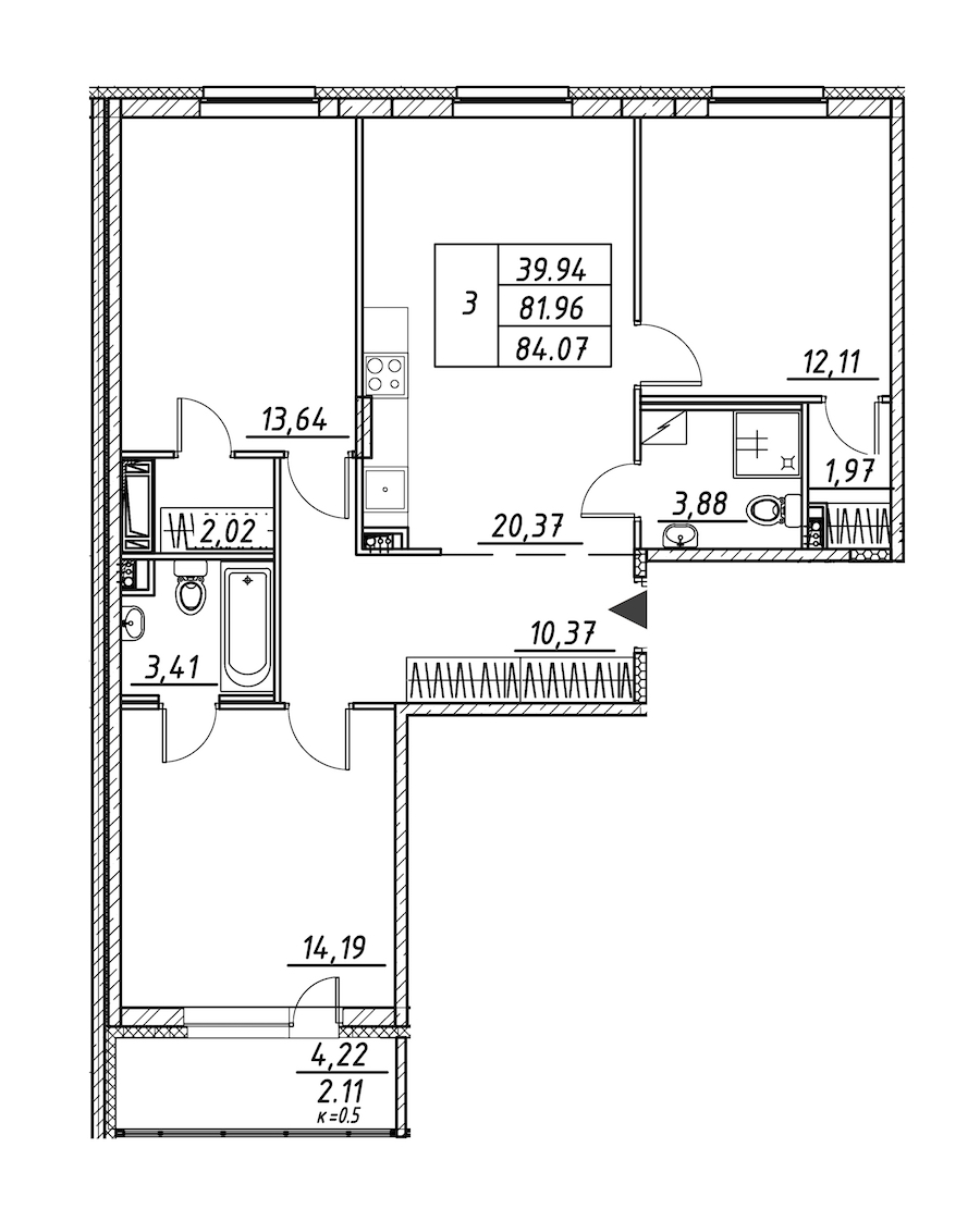 3-комнатная квартира 84.07 м², 4/12 эт., ЖК «Энфилд»