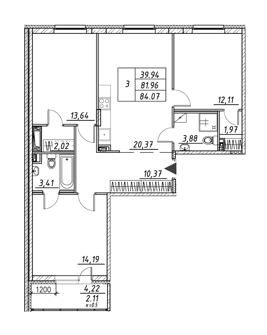 3-комнатная квартира 84.07 м², 6/12 эт., ЖК «Энфилд»