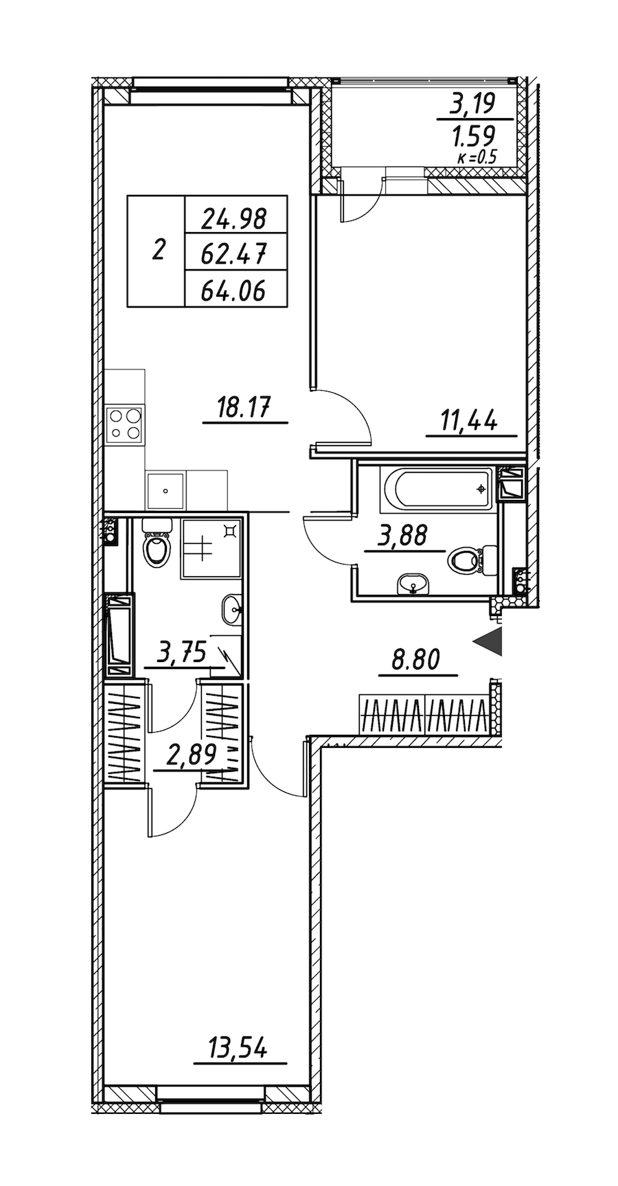 2-комнатная квартира 64.06 м², 4/12 эт., ЖК «Энфилд»