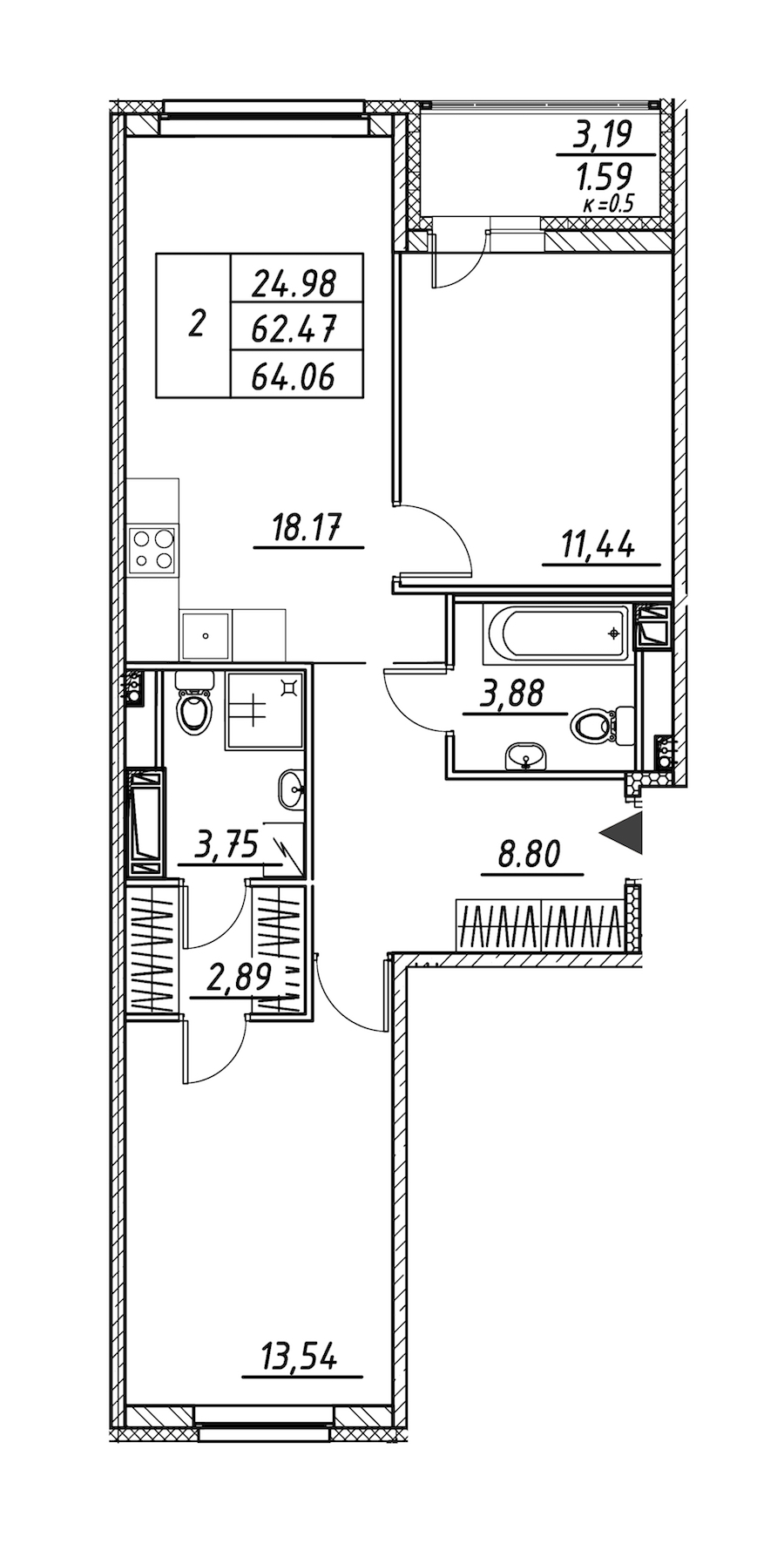 2-комнатная квартира 64.06 м², 5/12 эт., ЖК «Энфилд»