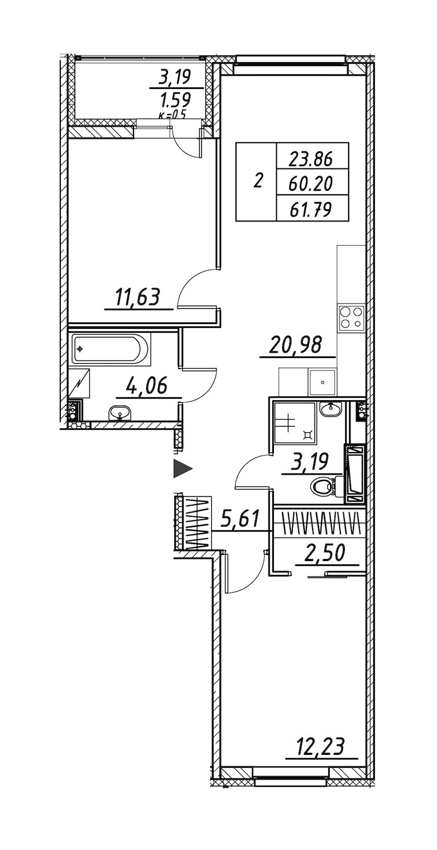 2-комнатная квартира 61.79 м², 9/12 эт., ЖК «Энфилд»