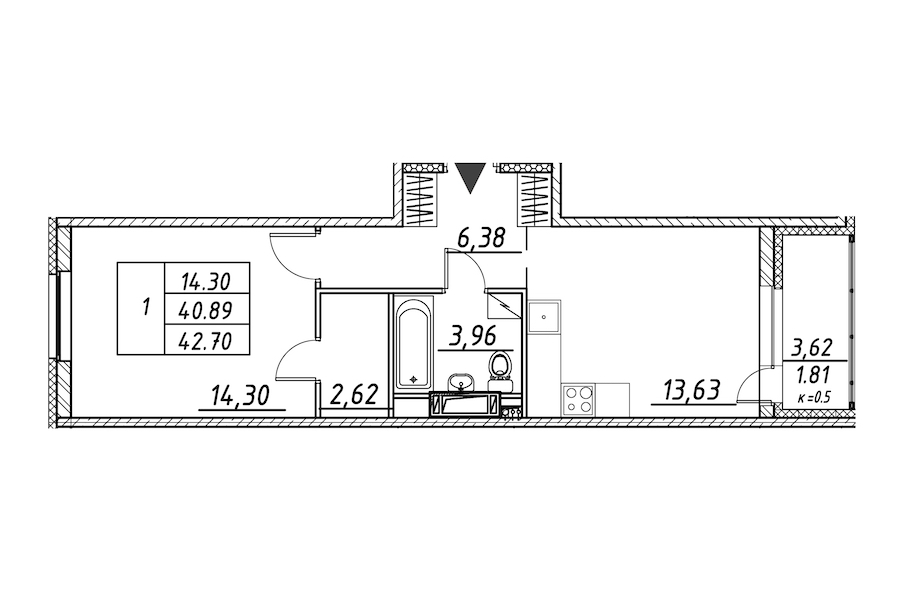 1-комнатная квартира 42.7 м², 4/12 эт., ЖК «Энфилд»