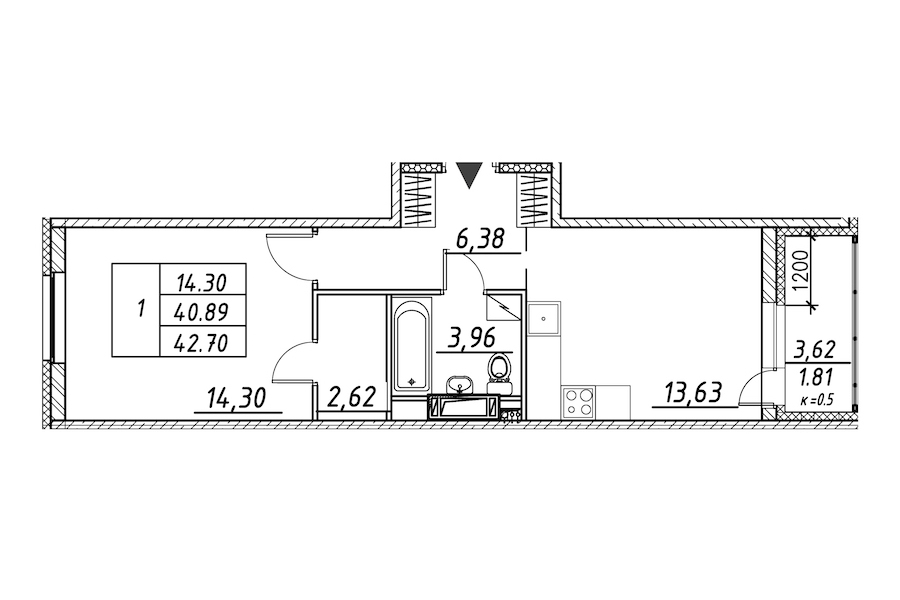 1-комнатная квартира 42.7 м², 8/12 эт., ЖК «Энфилд»