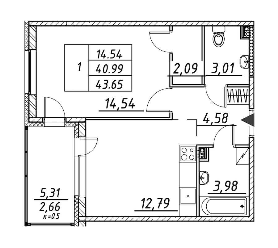 1-комнатная квартира 43.65 м², 4/12 эт., ЖК «Энфилд»