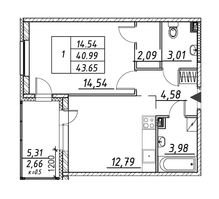 1-комнатная квартира 43.65 м², 11/12 эт., ЖК «Энфилд»